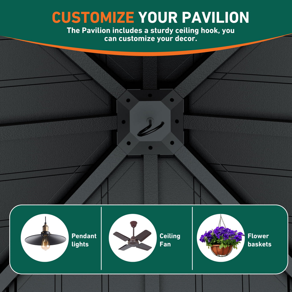 FONA 12' x 24' Hardtop Gazebo with LED Lights, Double Roof & Curtains