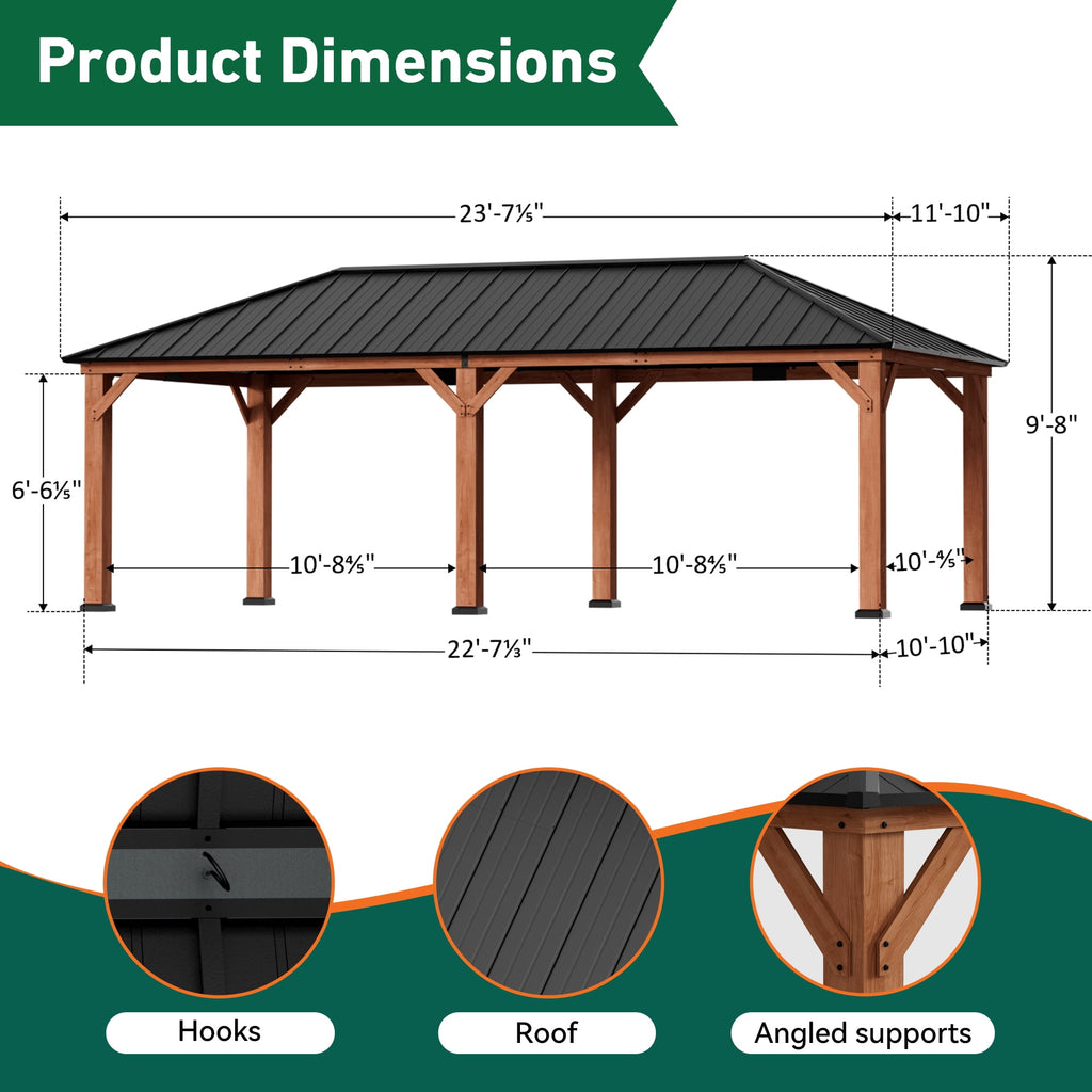 FONA Tranquil Grove Wood Gazebo 12' x 24', Permanent Grill Gazebo with Galvanized Steel Hardtop Roof, Cedar Framed Wooden Pavilion for Garden, Backyard