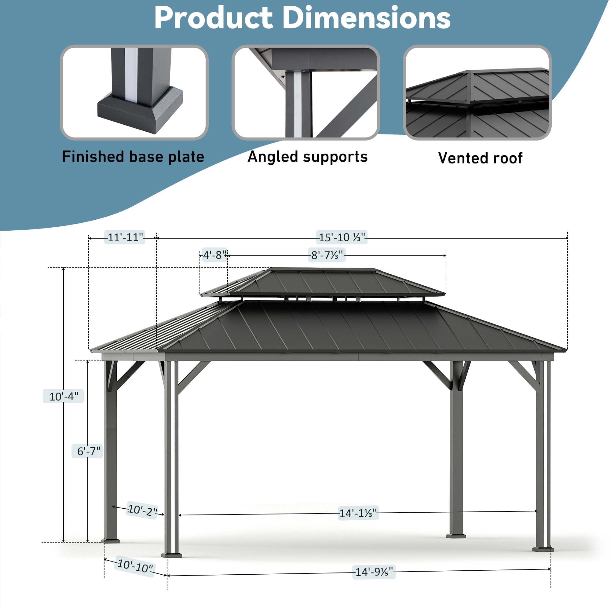 FONA 12'x16' Permanent Hardtop Gazebo,Aluminum Frame & Double Roof,LED Lights,Black
